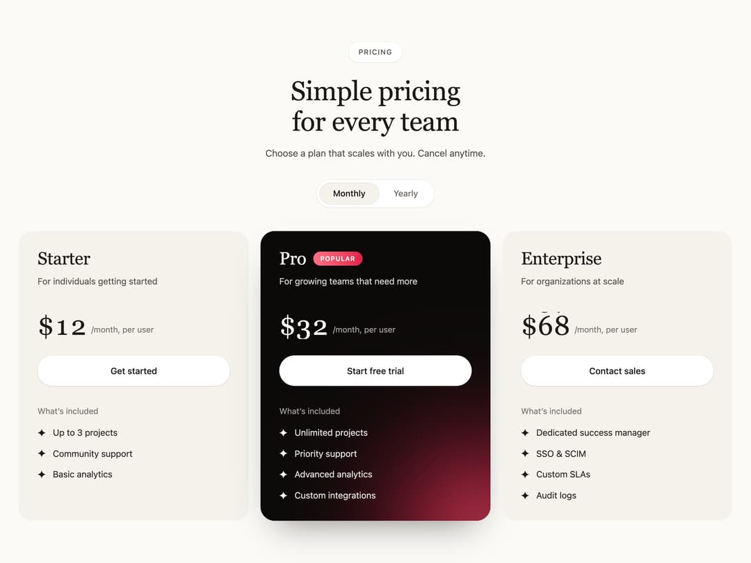 Serif Tiers Pricing preview