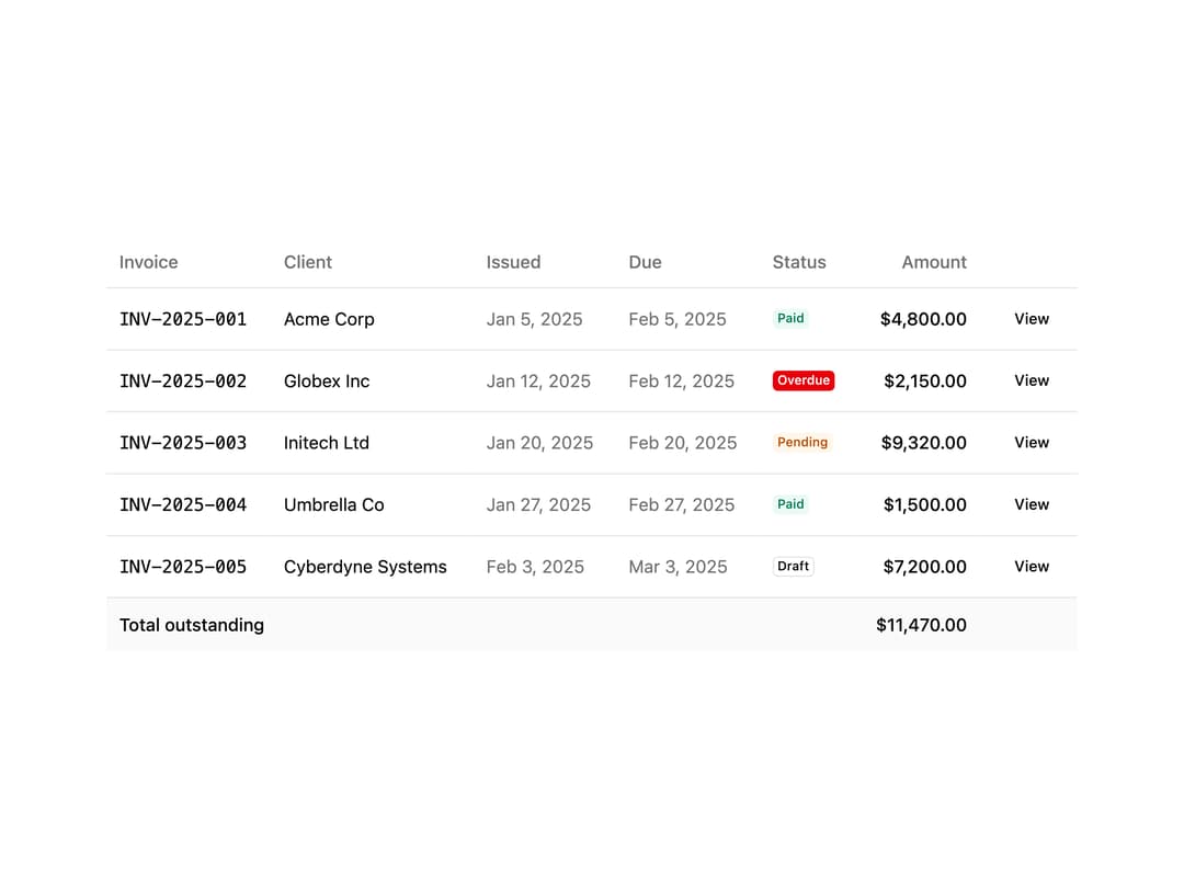 Invoice History Table preview