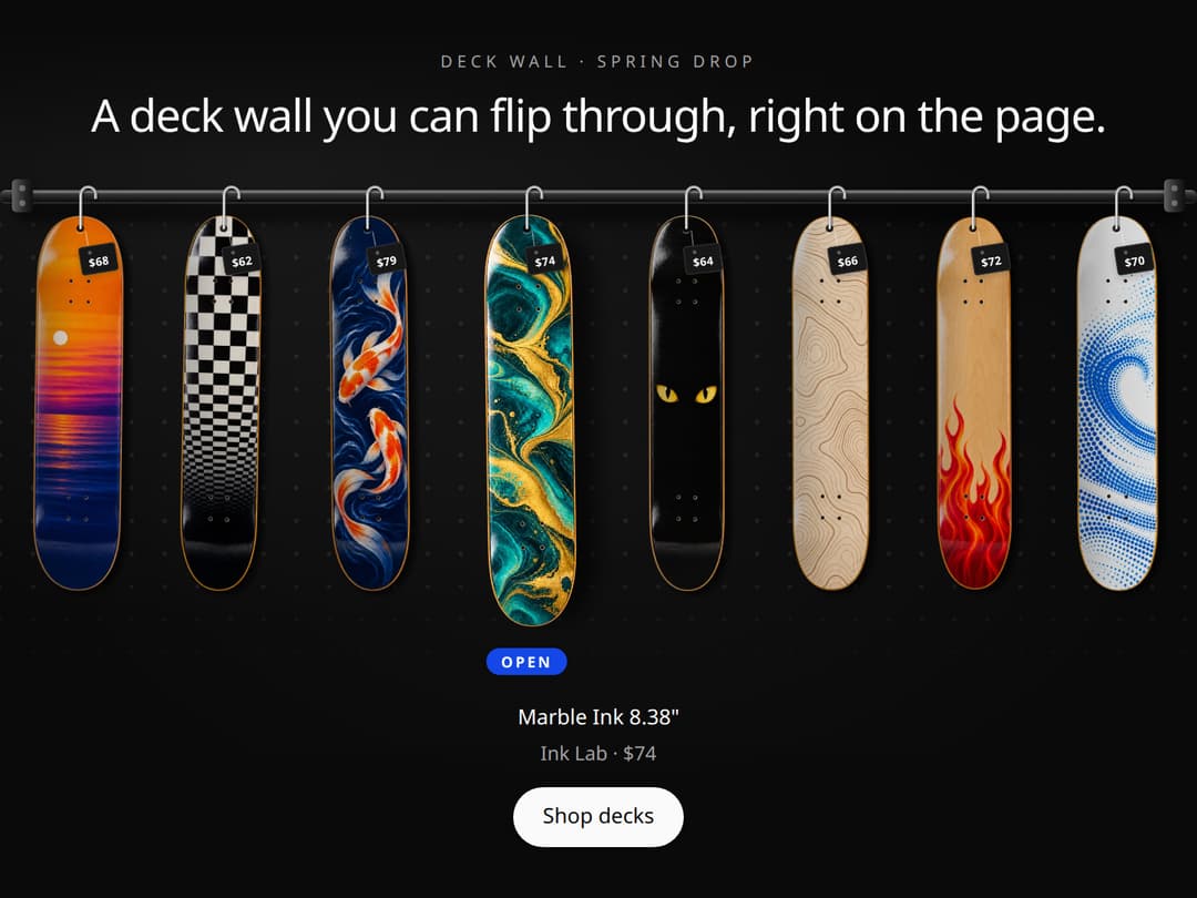 Skateboard Deck Rail Gallery – Skate Shop Hero Section preview