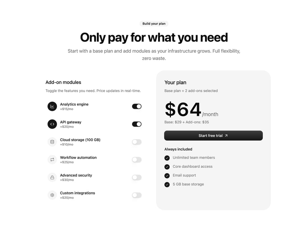 Toggleable Add-on Pricing preview