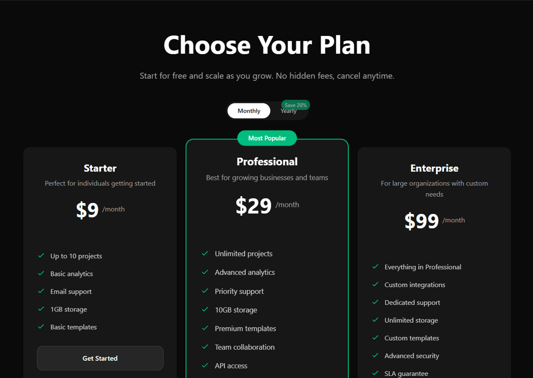 Pricing Section preview