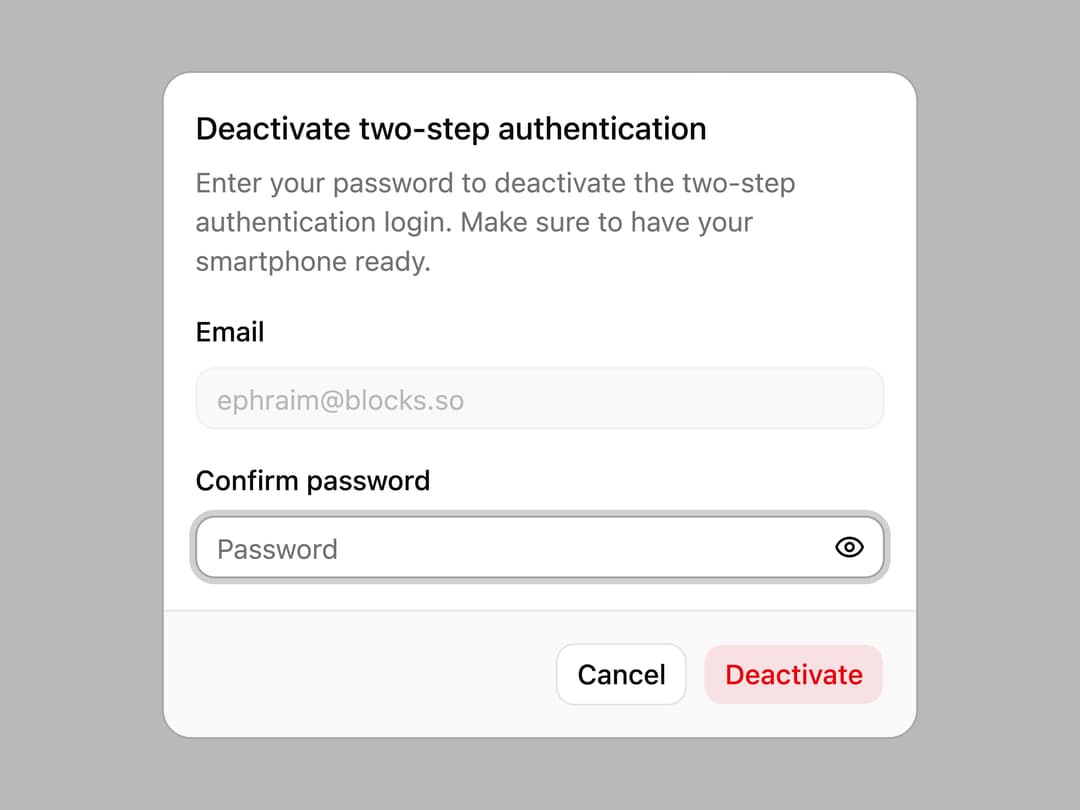 Deactivate 2FA Alert Dialog preview