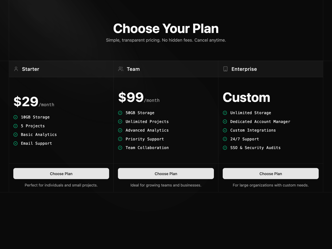 Pricing Plan preview