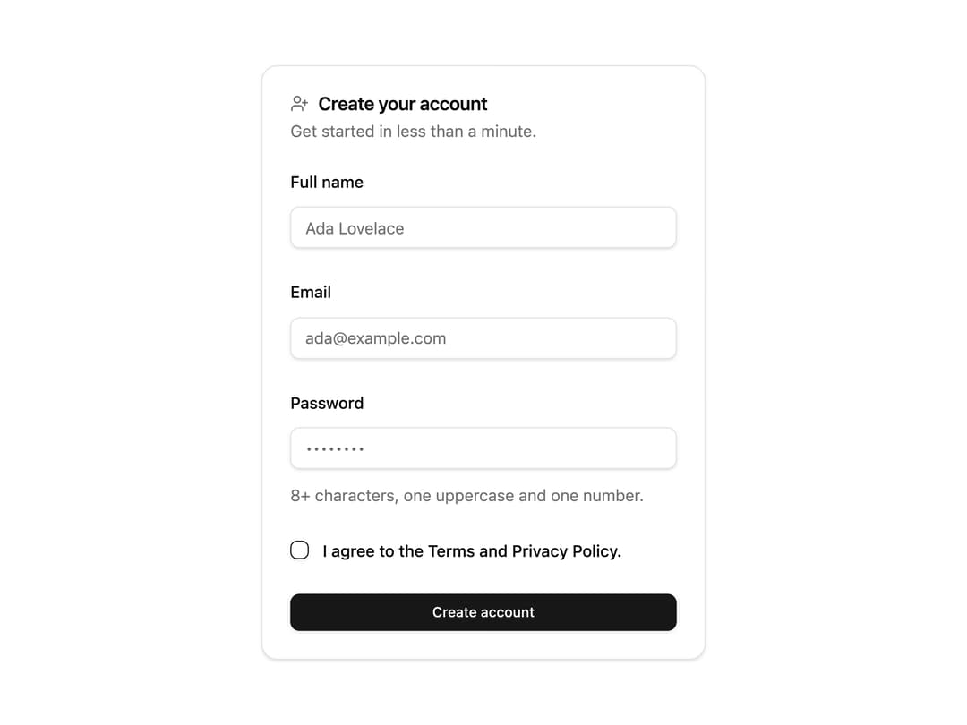 Create Account Form preview