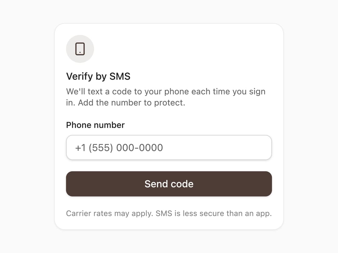 SMS Code Two-Factor Setup preview