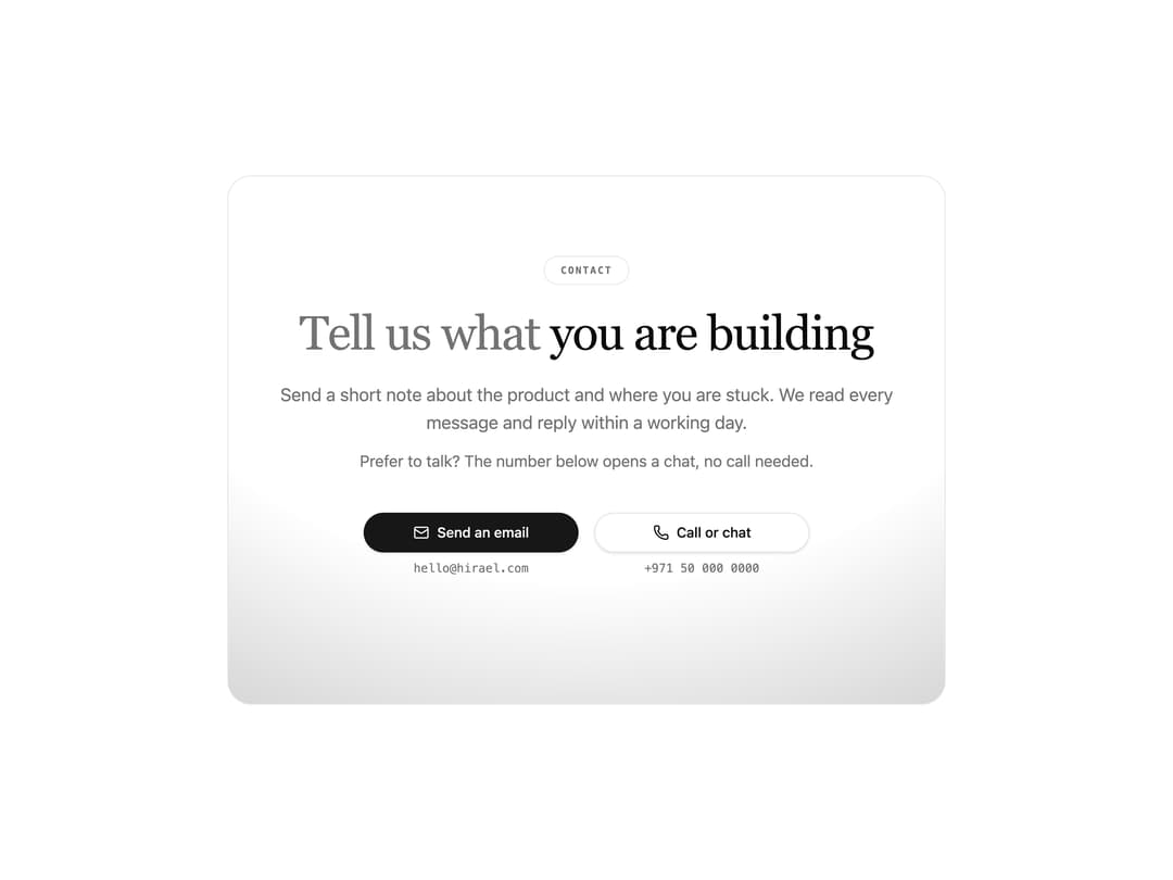 Contact Section with Email and WhatsApp CTA preview