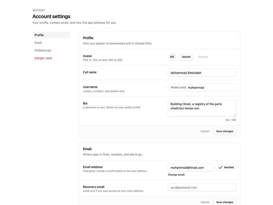Account Settings Page preview