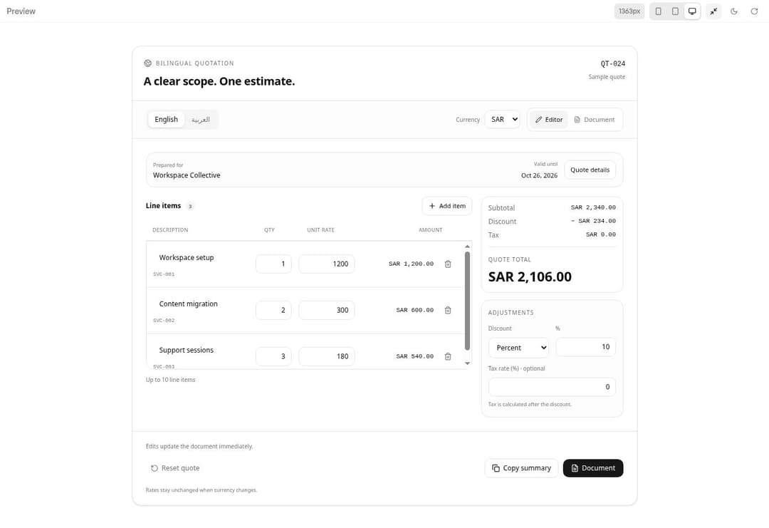 Bilingual Quote Builder preview
