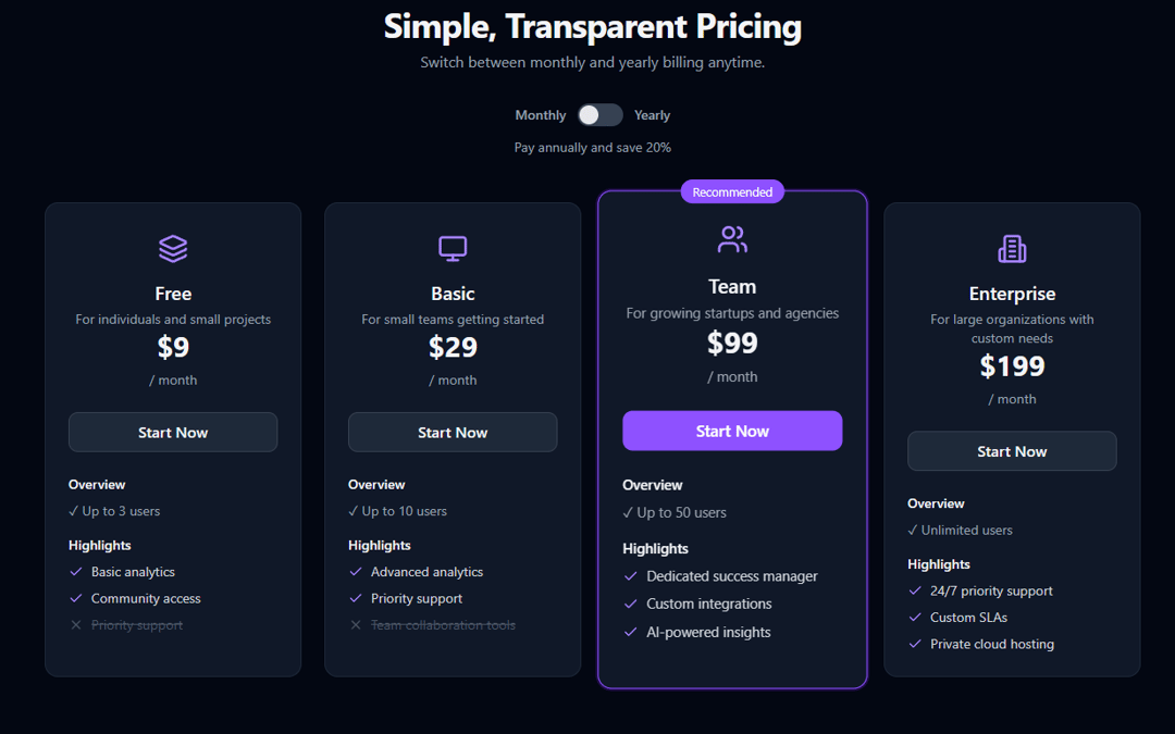 Pricing Page preview