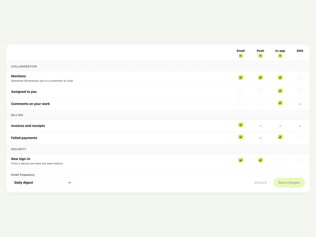Notification Preferences Grid preview