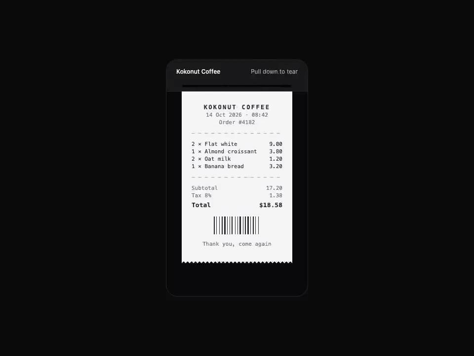 Kokonut UI Receipt Printer preview