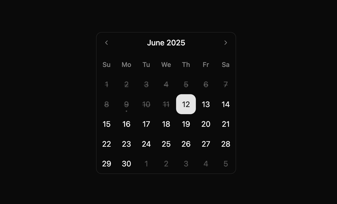 Calendar with disabled days preview