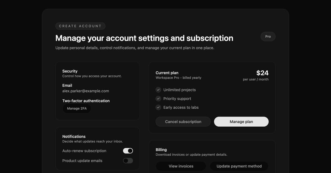 Glass Account Settings Card preview