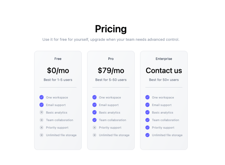 Pricing Cards preview