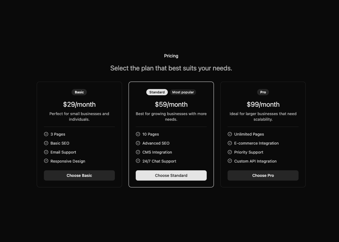 Pricing Section preview