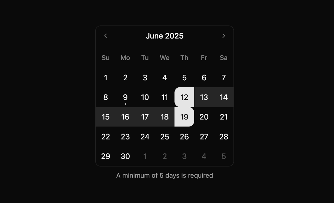 Range selection calendar with min. preview