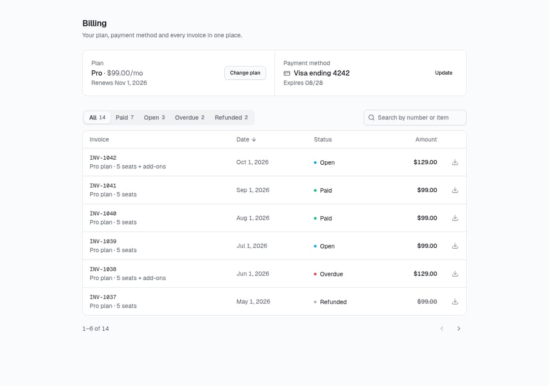 Billing History & Invoices Table preview