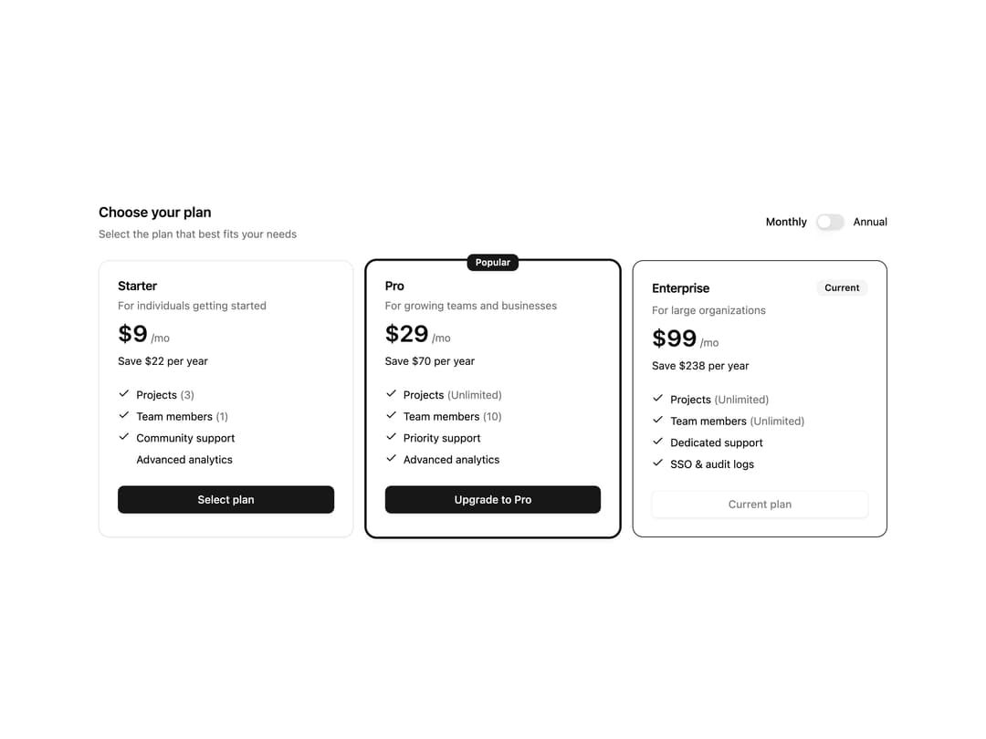 Billing Plan Selector preview