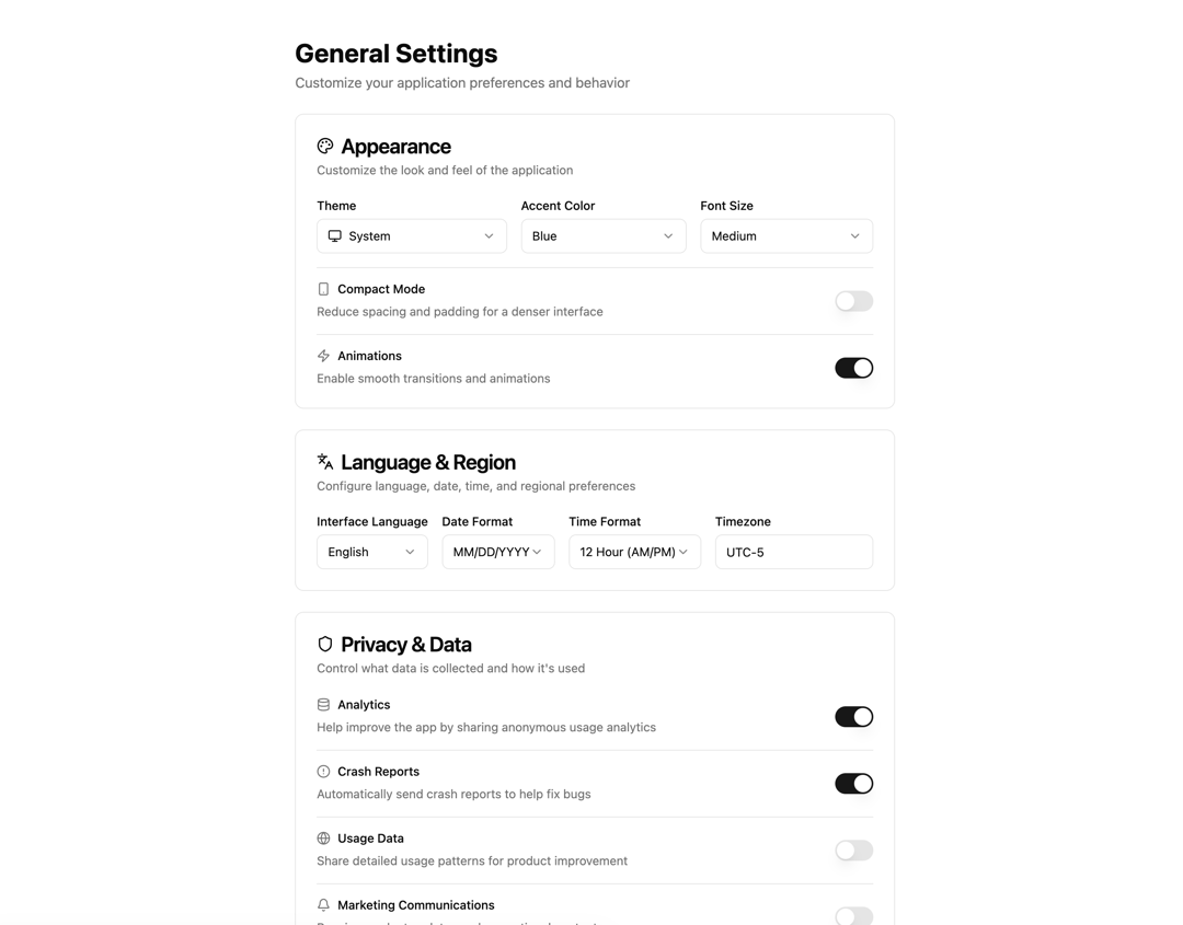 General Settings preview