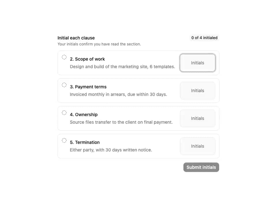 ReUI signature pad - Initials per clause preview