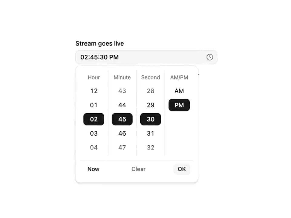 ReUI time picker - 12-hour clock with seconds preview