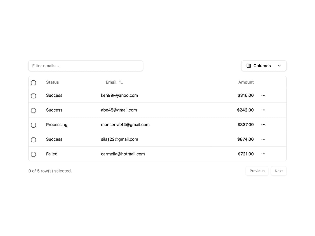 Columns Visibility Table preview