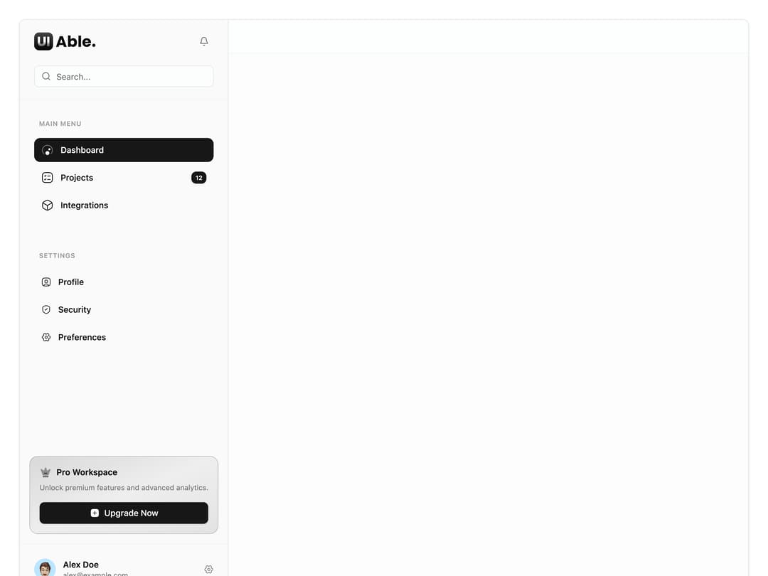 Sidebar with Search and Profile preview