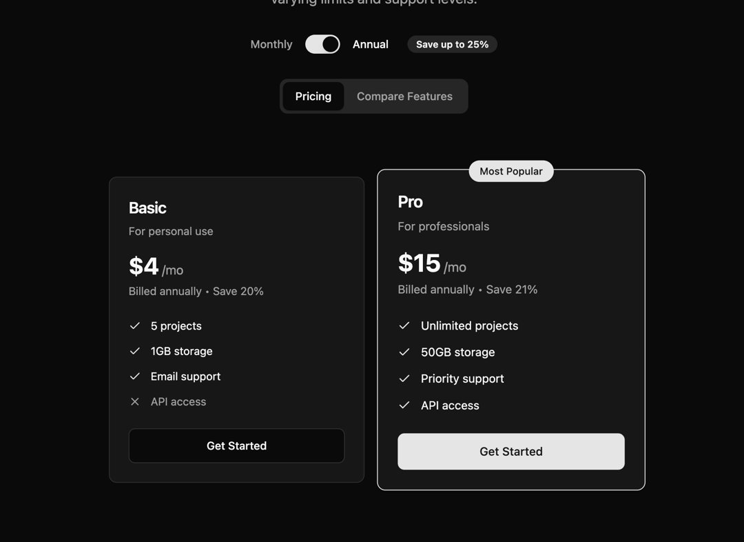 Interactive Pricing Component preview