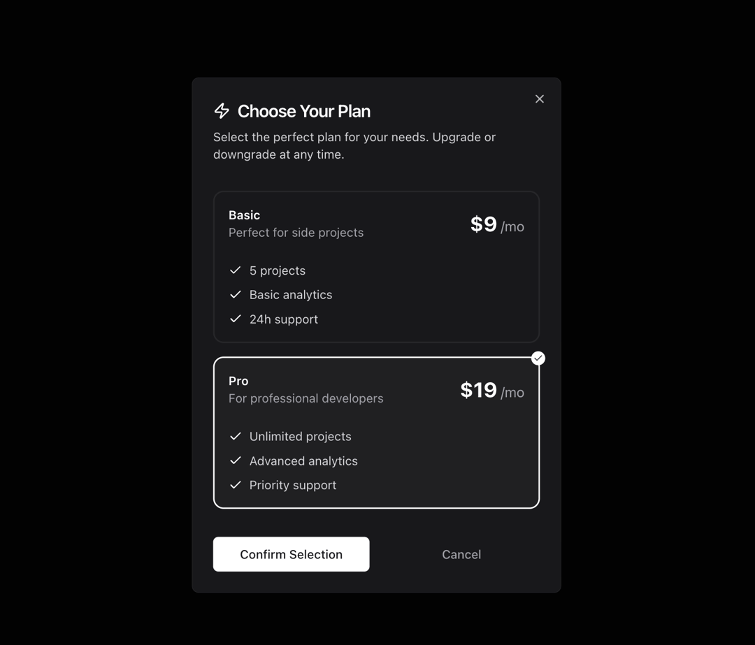 Modal Pricing preview