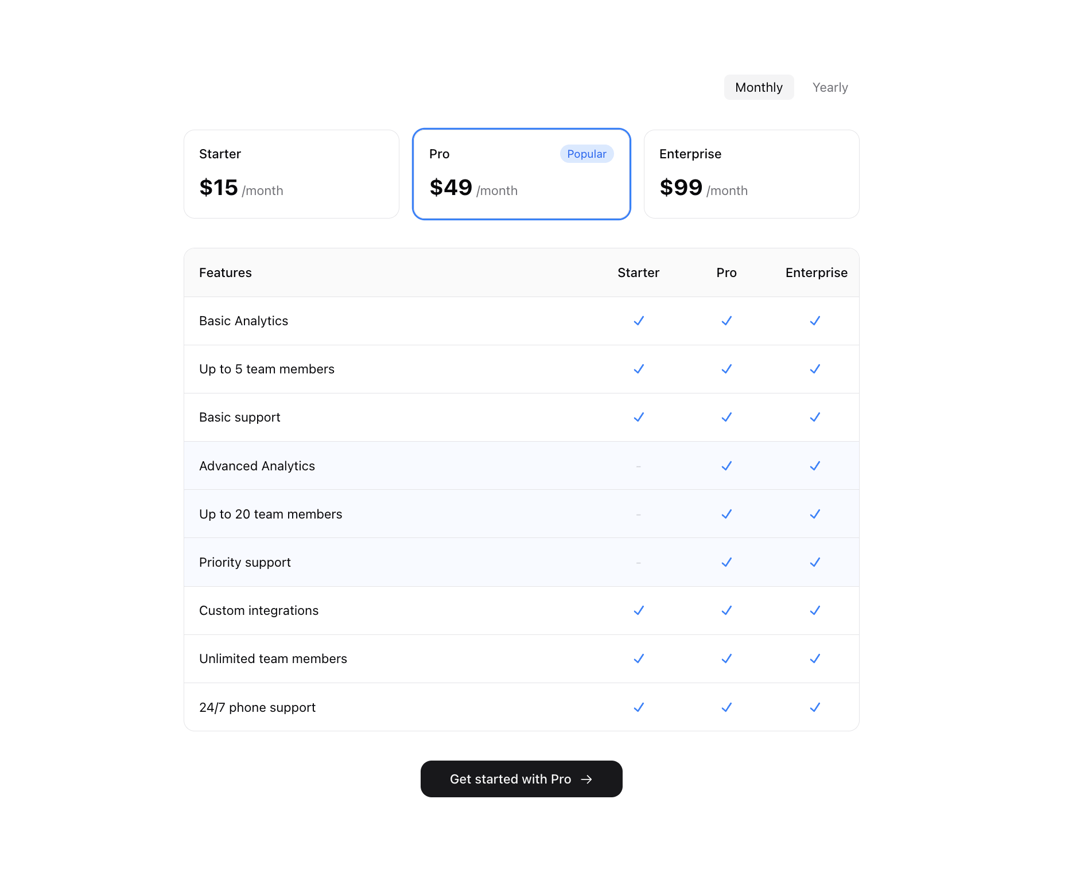 Pricing Table preview