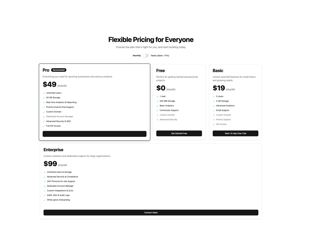 Bento Pricing Component preview