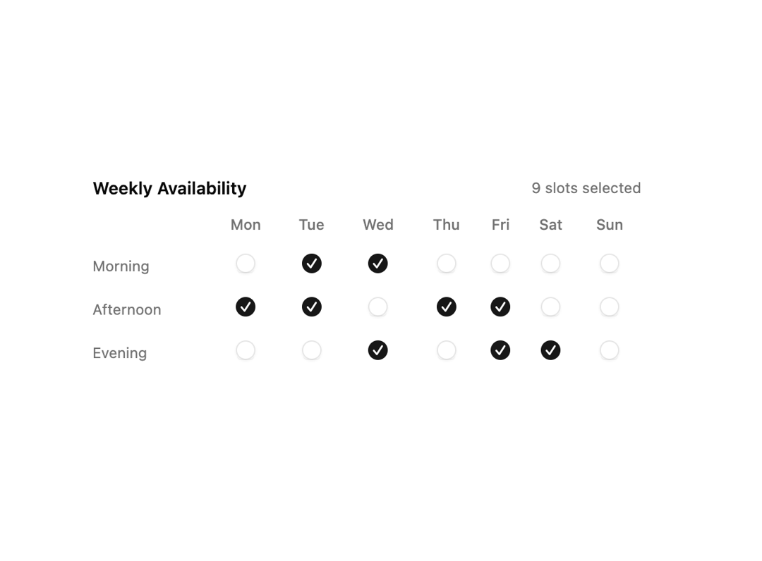 Weekly Availability Checkbox Grid preview