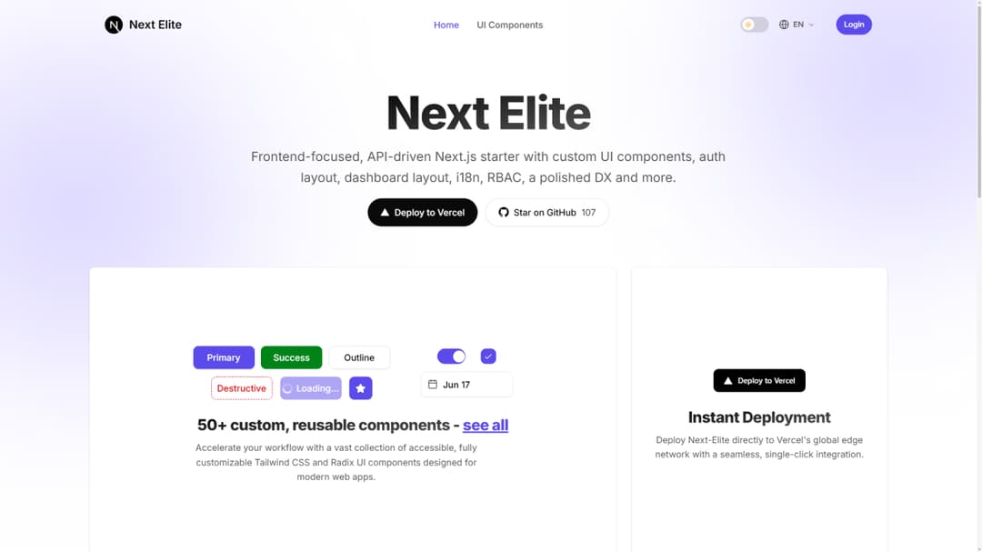 Next Elite - Frontend-focused Next.js starter with custom UI components, auth & dashboard layouts, i18n,  DX and more. preview