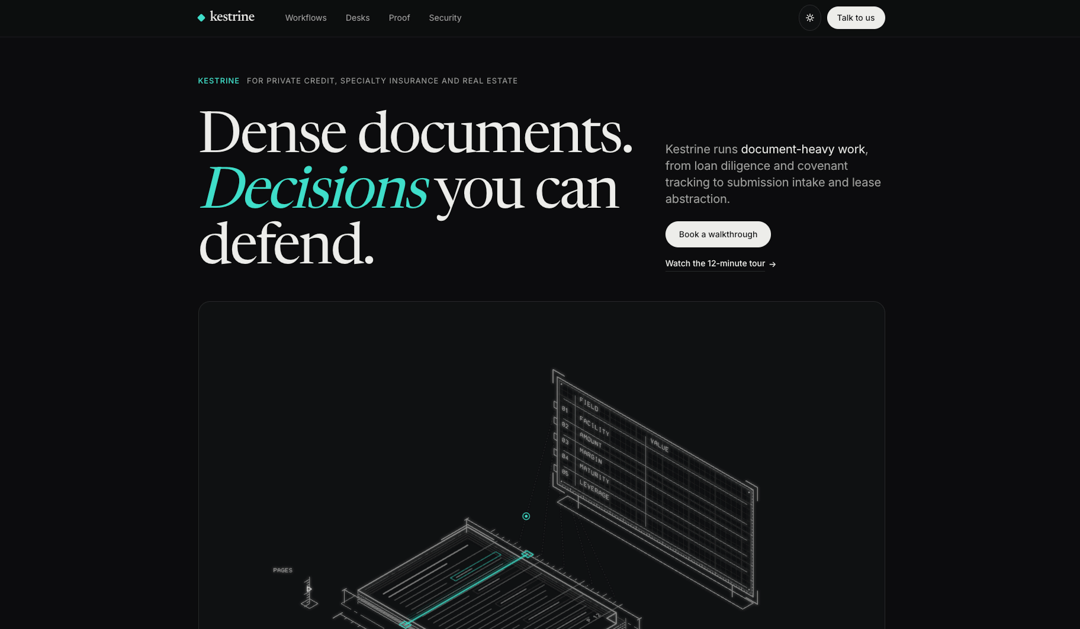 Kestrine: AI document workflow landing page preview