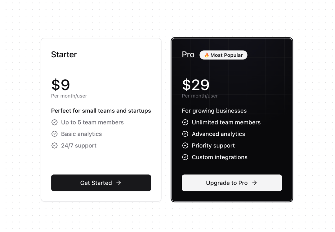 Pricing Card preview