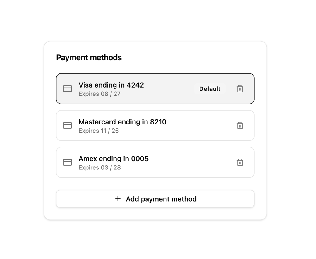 Saved Payment Methods preview