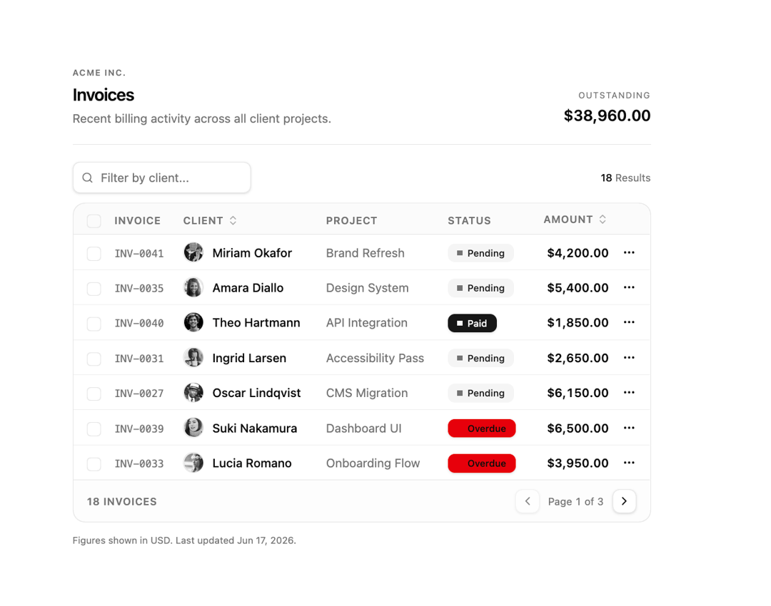 Filterable Invoices Table preview