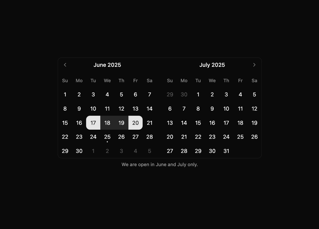 Calendar with start end month preview