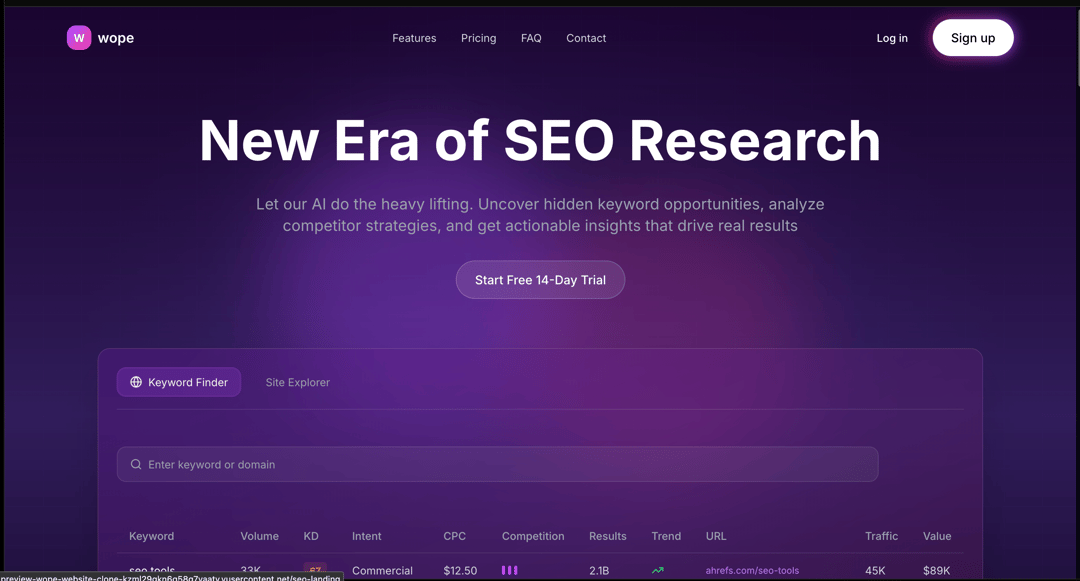 SEO Research Landing preview