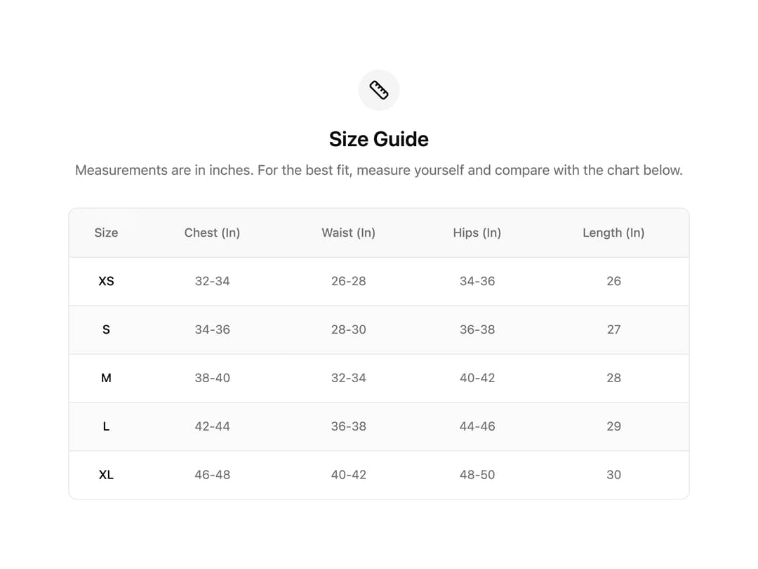 Size Guide Table preview