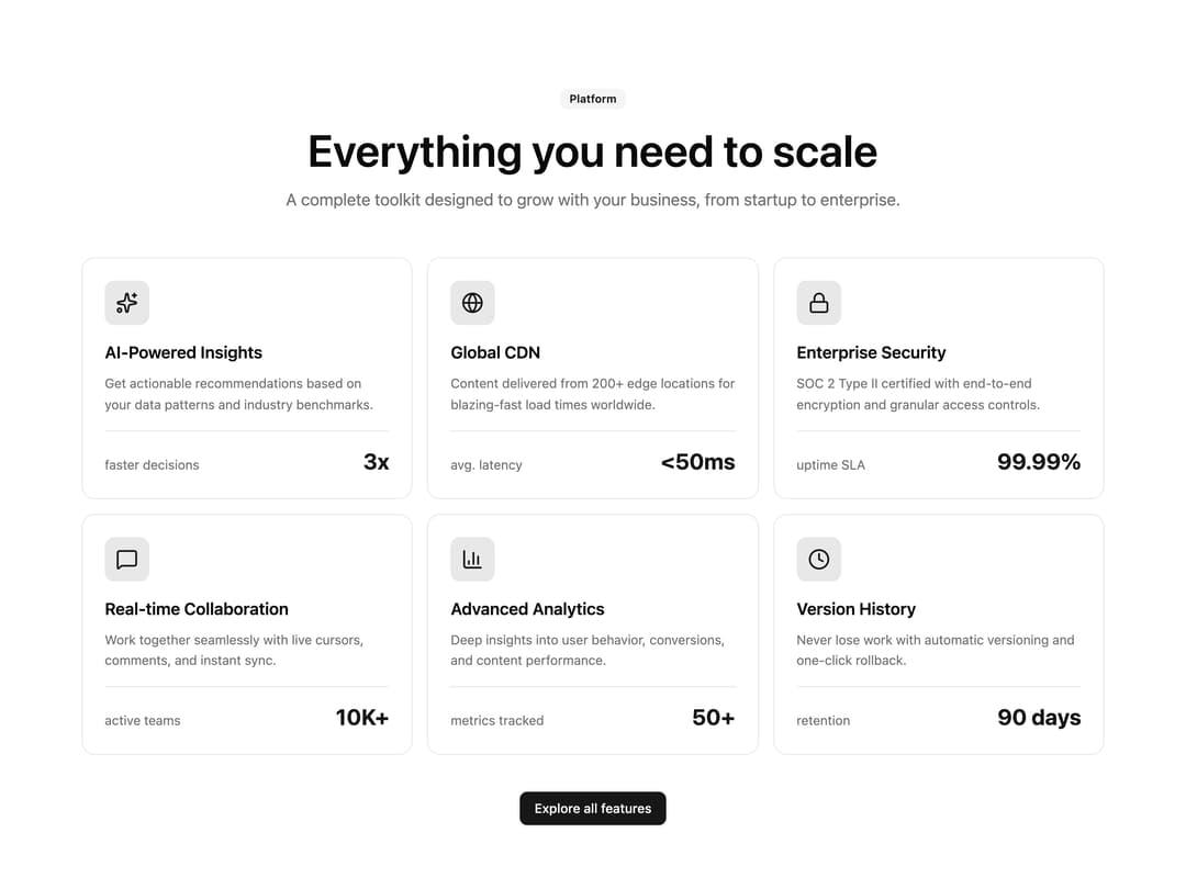 Platform Feature Cards with Metrics preview