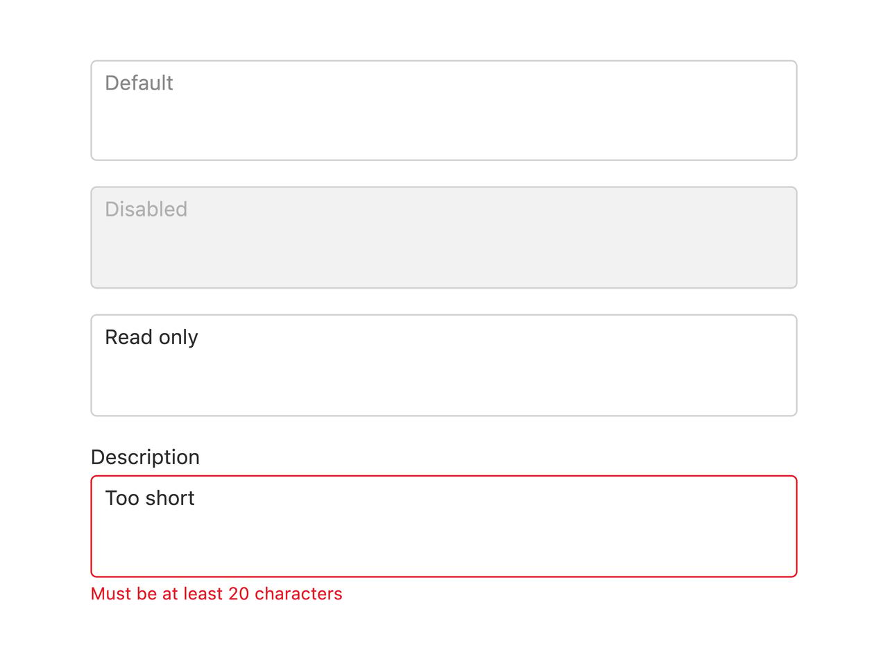 Disabled, read-only and error states preview