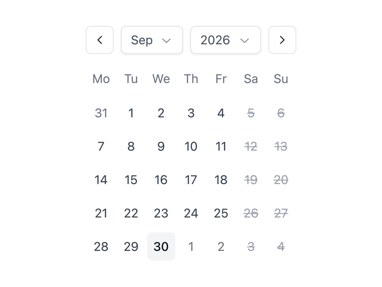 Disabled dates calendar preview