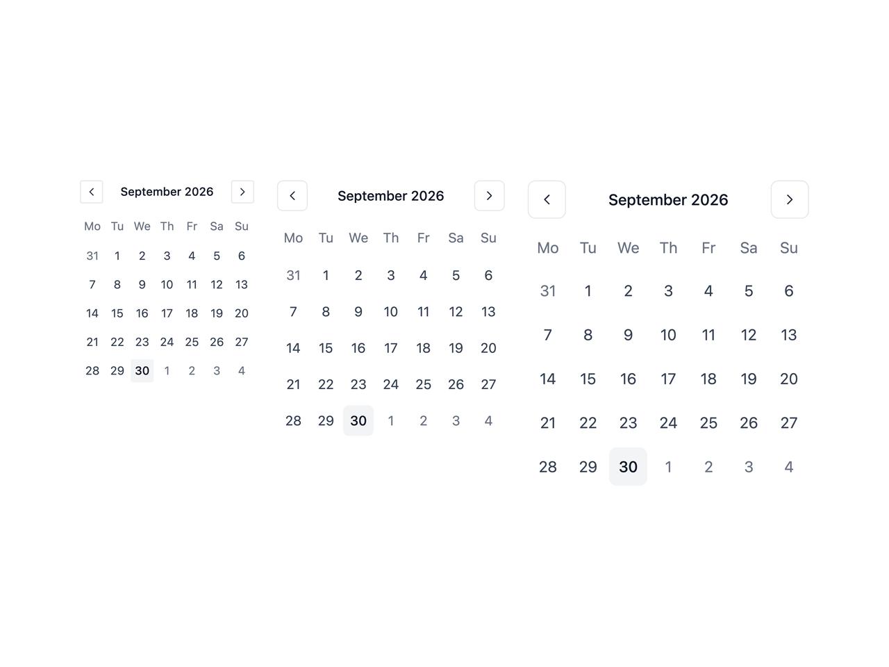 Calendar size variants preview