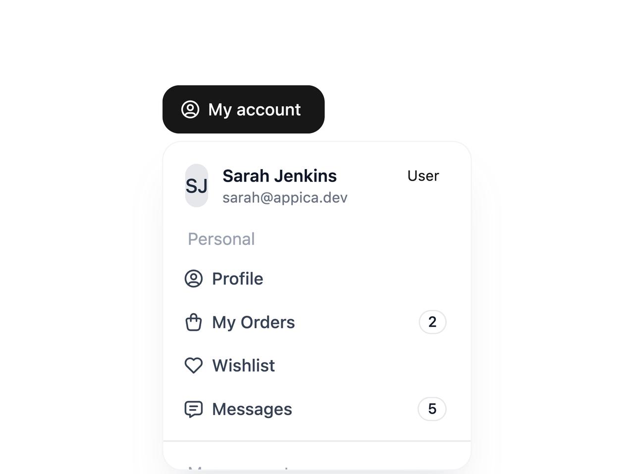 Account Menu Dropdown preview