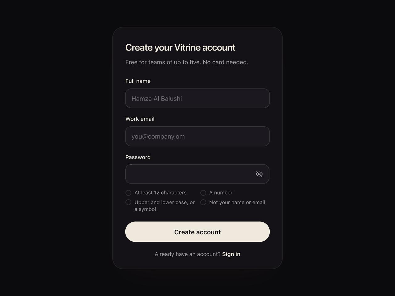 Night theme sign-up preview