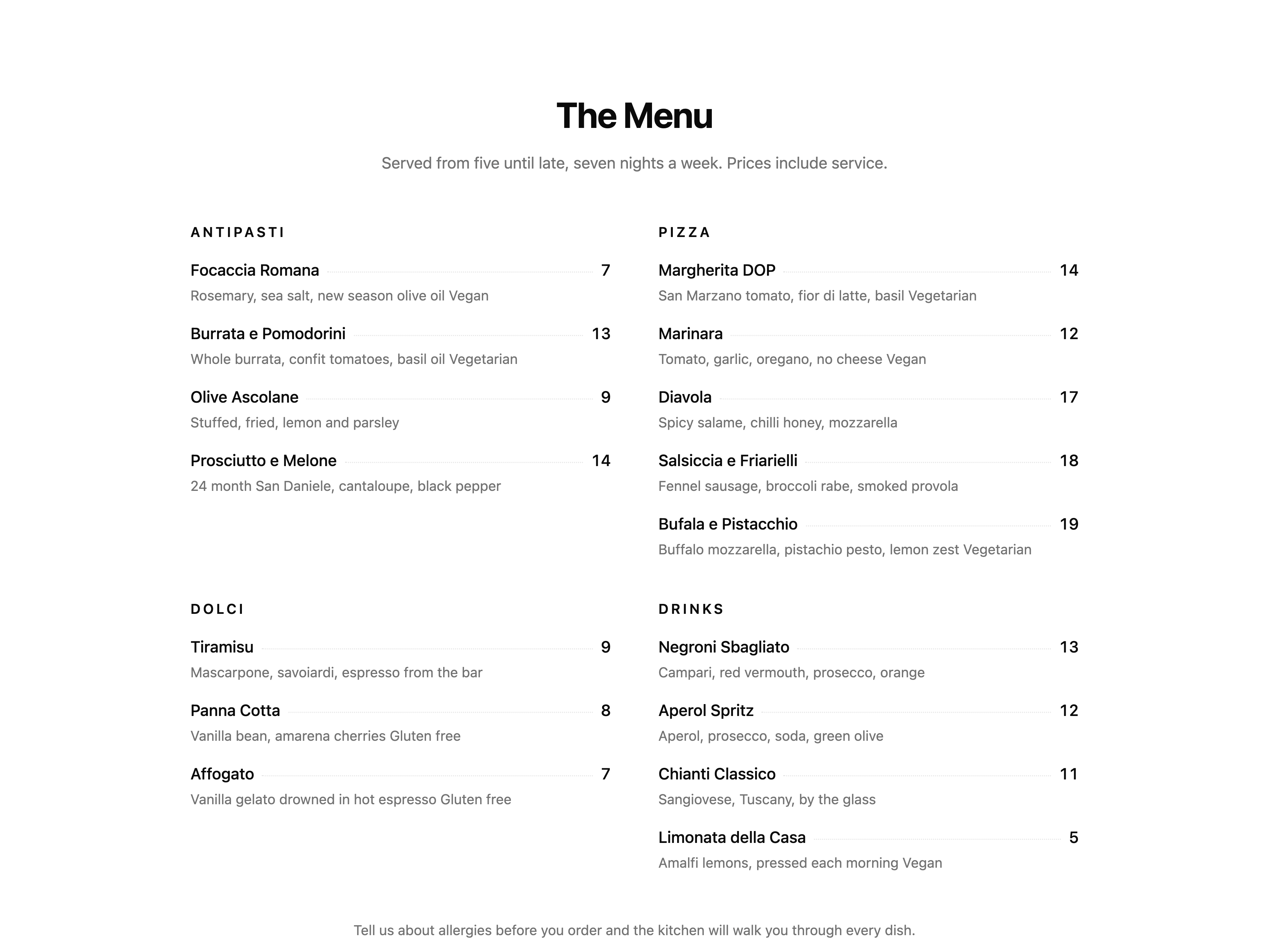 Restaurant Menu Block