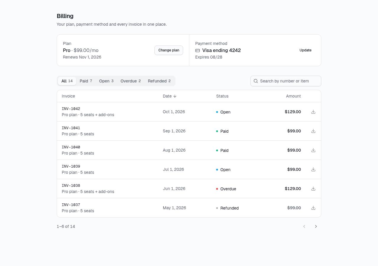 Billing History & Invoices Table