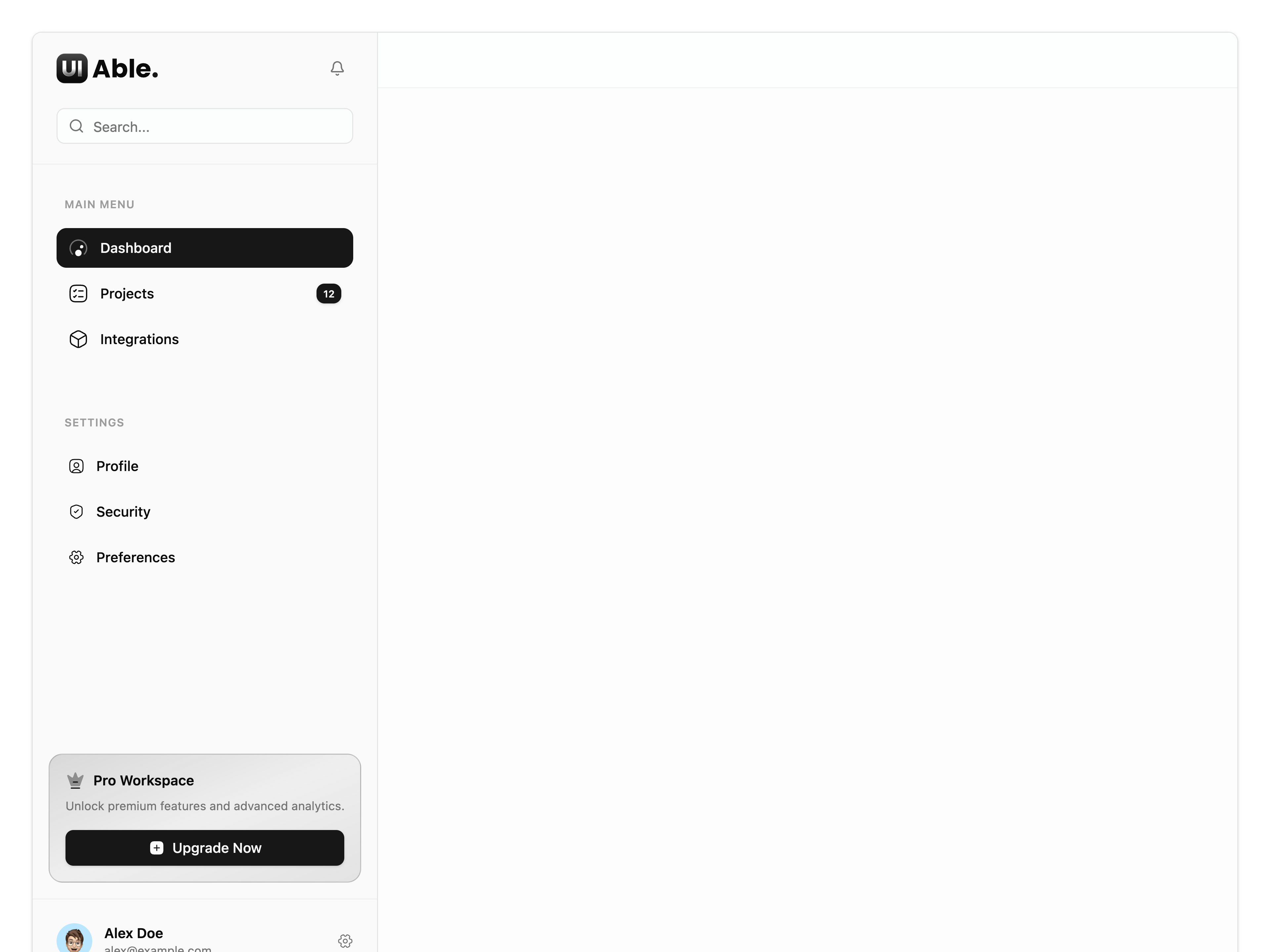 Sidebar with Search and Profile