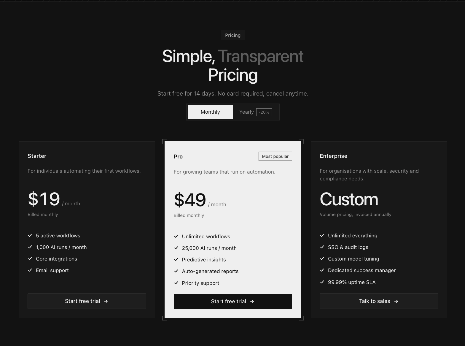 Pricing Section with Monthly/Yearly Toggle